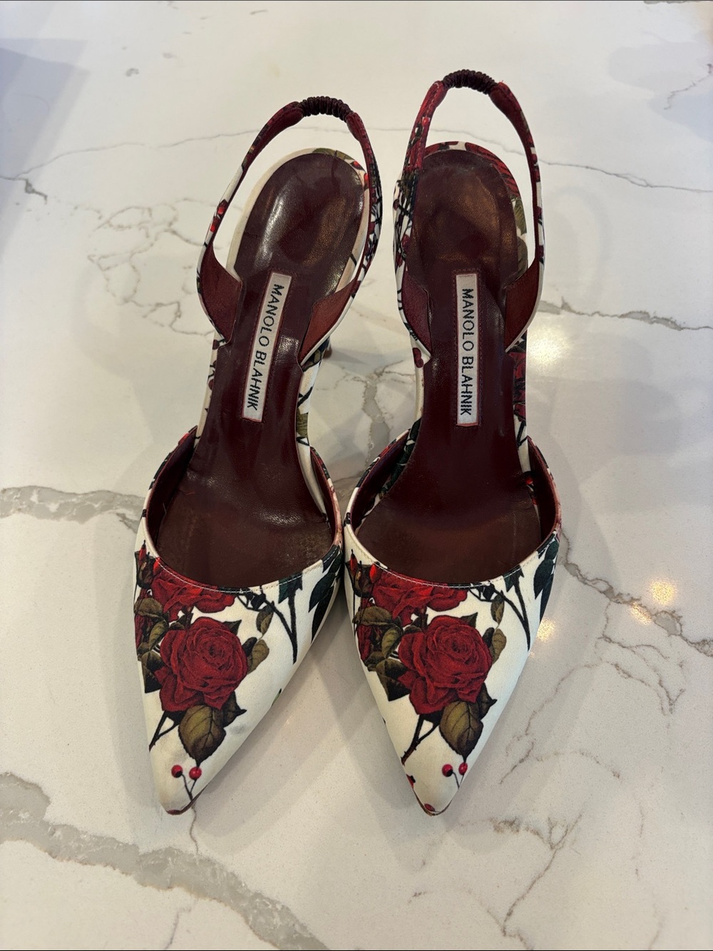 Manolo Blahnik White Slingback Pumps with Red Rose Print